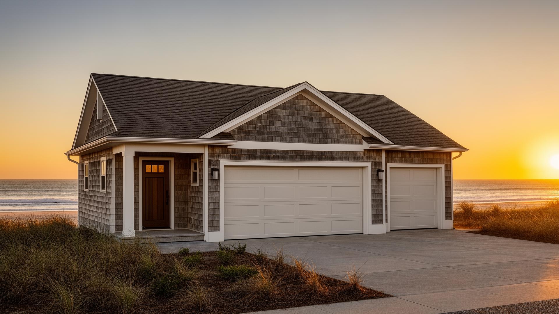 Beautiful ranch style horizontal panel garage doors on coastal home at sunset
