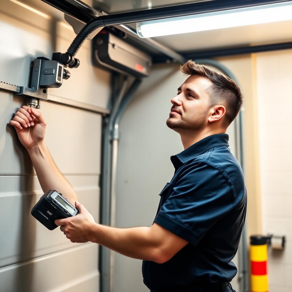 Professional garage door technician inspecting safety features